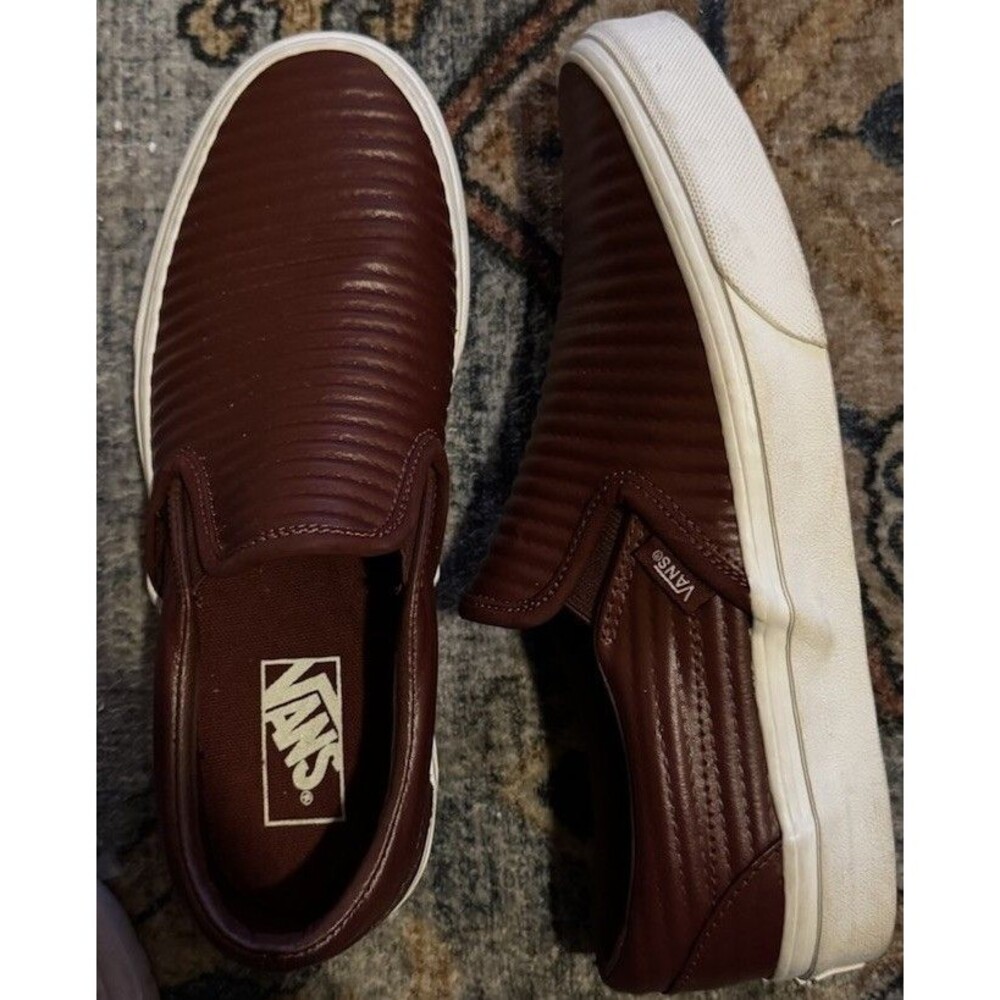EUC Vans Classic Slip-On Moto Leather Burgundy Madder Brown M7 W8.5